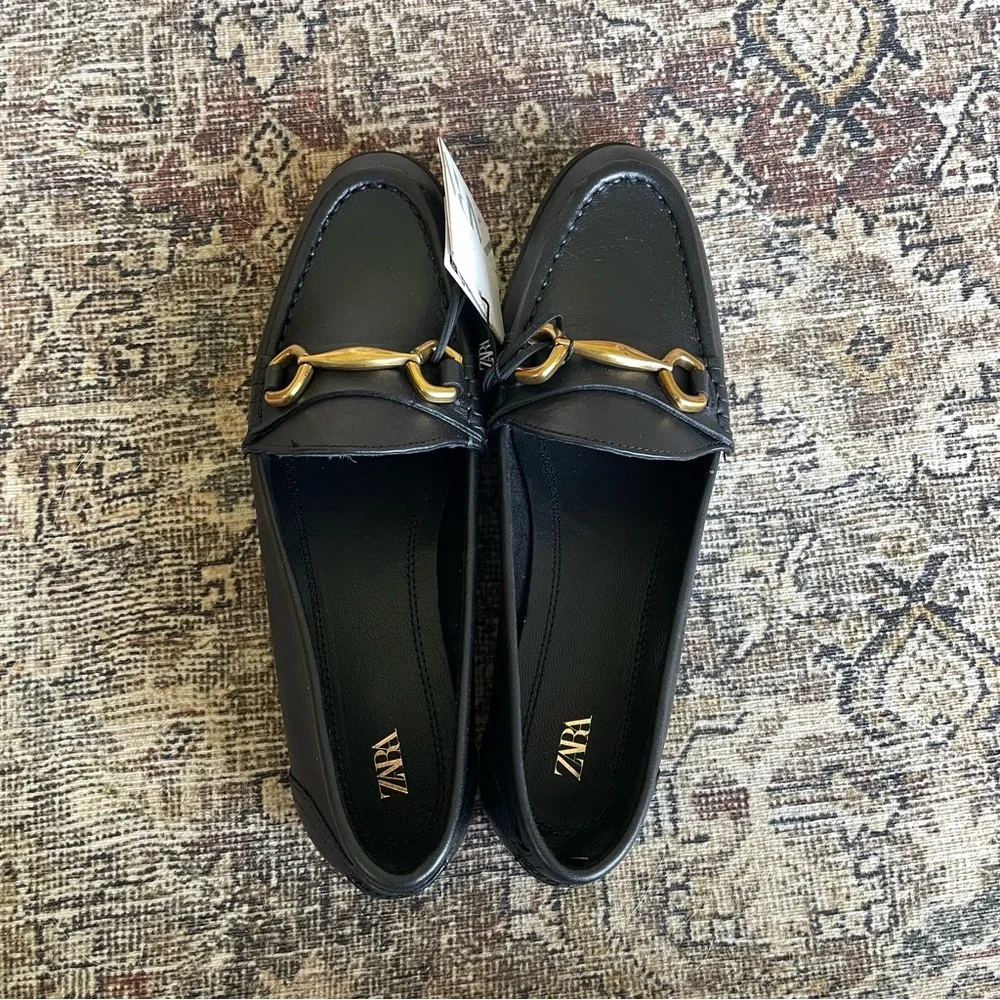 NWT Zara Leather Gold Hardware Loafers in Black - 7.5 - Picture 6 of 7